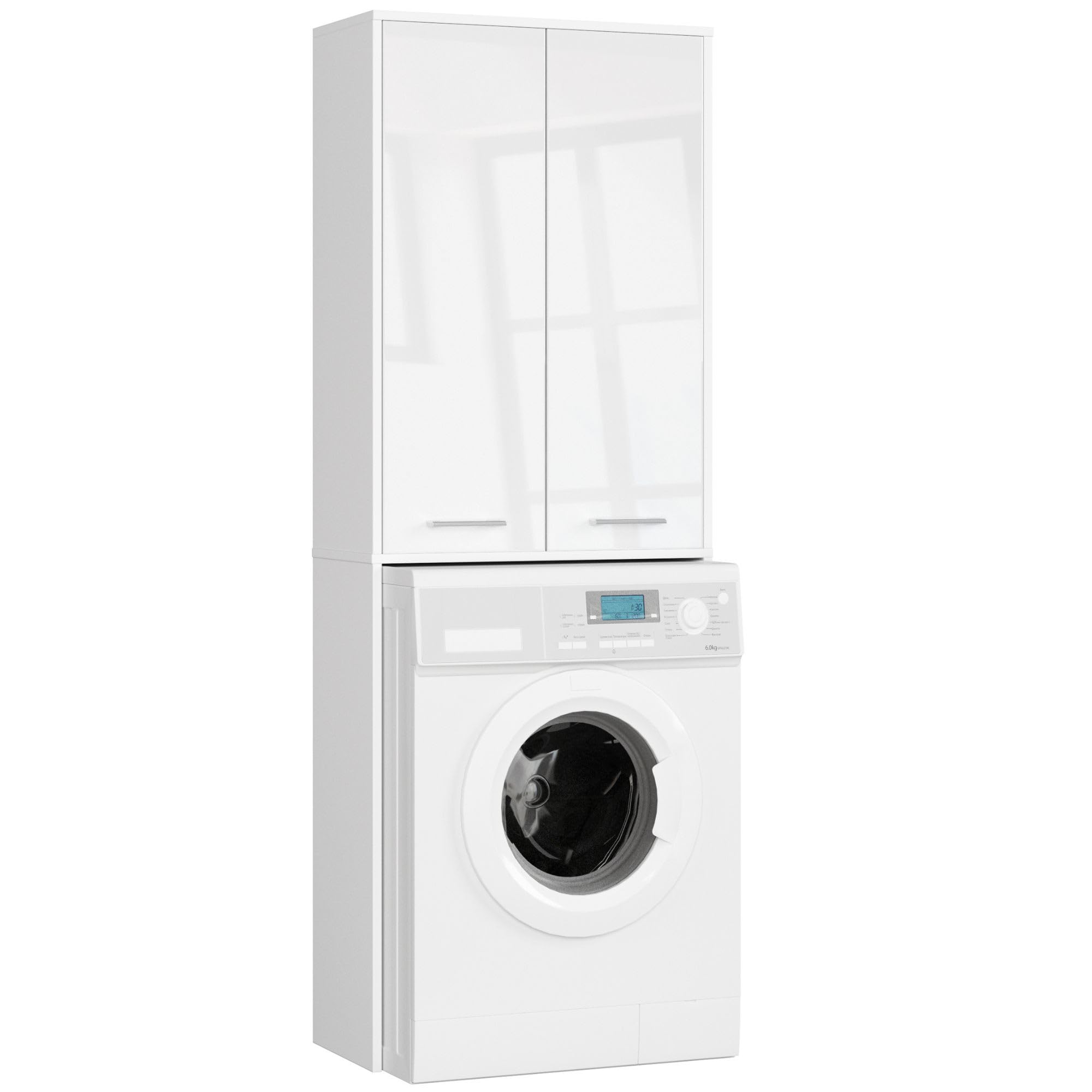 Armoire Superposée Pour Lave-linge Blanc – 2 Portes, 3 Étagères Réglables, Rangement Astucieux Jusqu'à 60 Cm – Idéal Salle De Bain Ou Buanderie