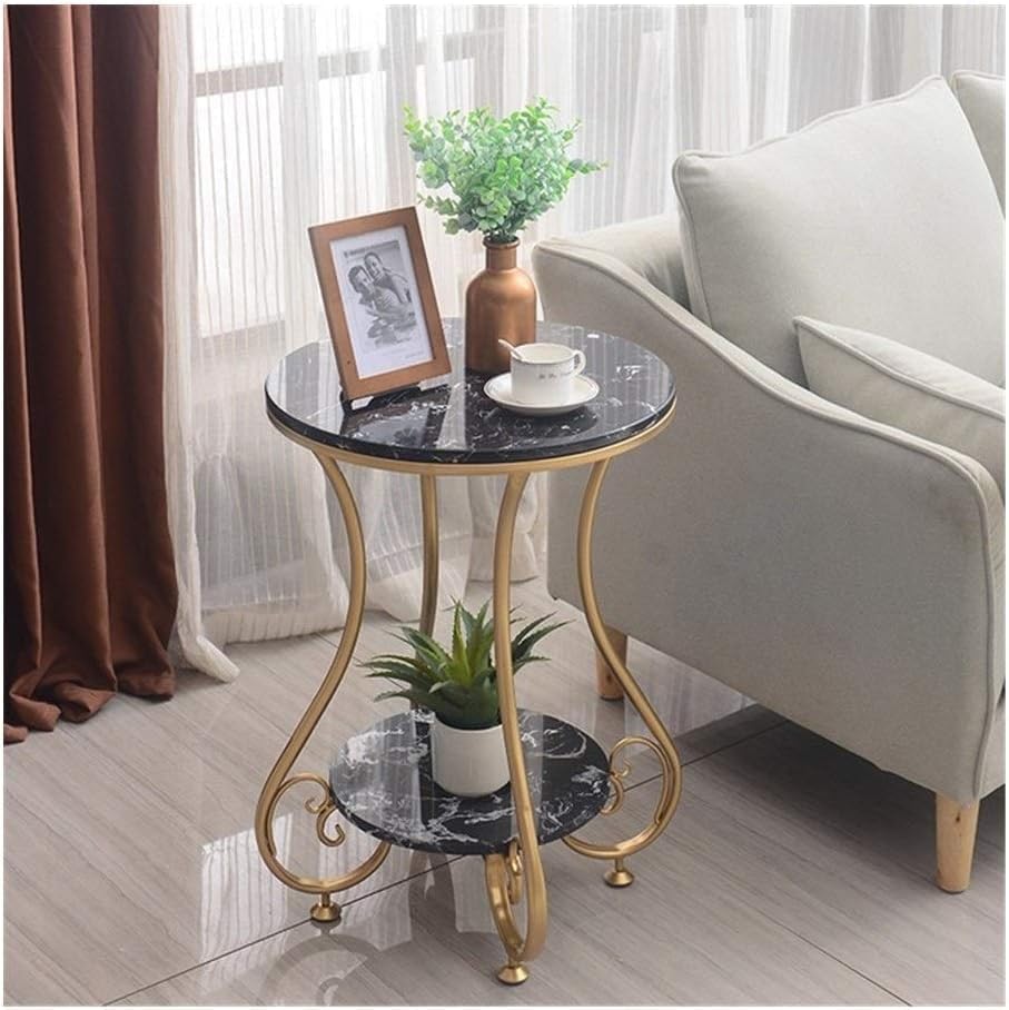 Luxury Round 2-Tier Marble Accent Side Table with Gold Metal Frame | Decorative End Table with Storage Shelf | Modern Coffee Table for Living Room, Bedroom, Entryway & Office (Gold Black)-image-36
