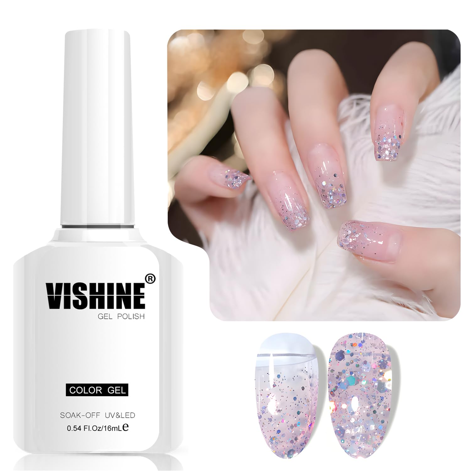 Vishine Glitter Gel Nail Polish, 16ml Soft Iridescent Holographic Glitter Sparkle UV gel, Diamond Shiny Soak-Off Gel Polish for Nail Art & Home DIY,