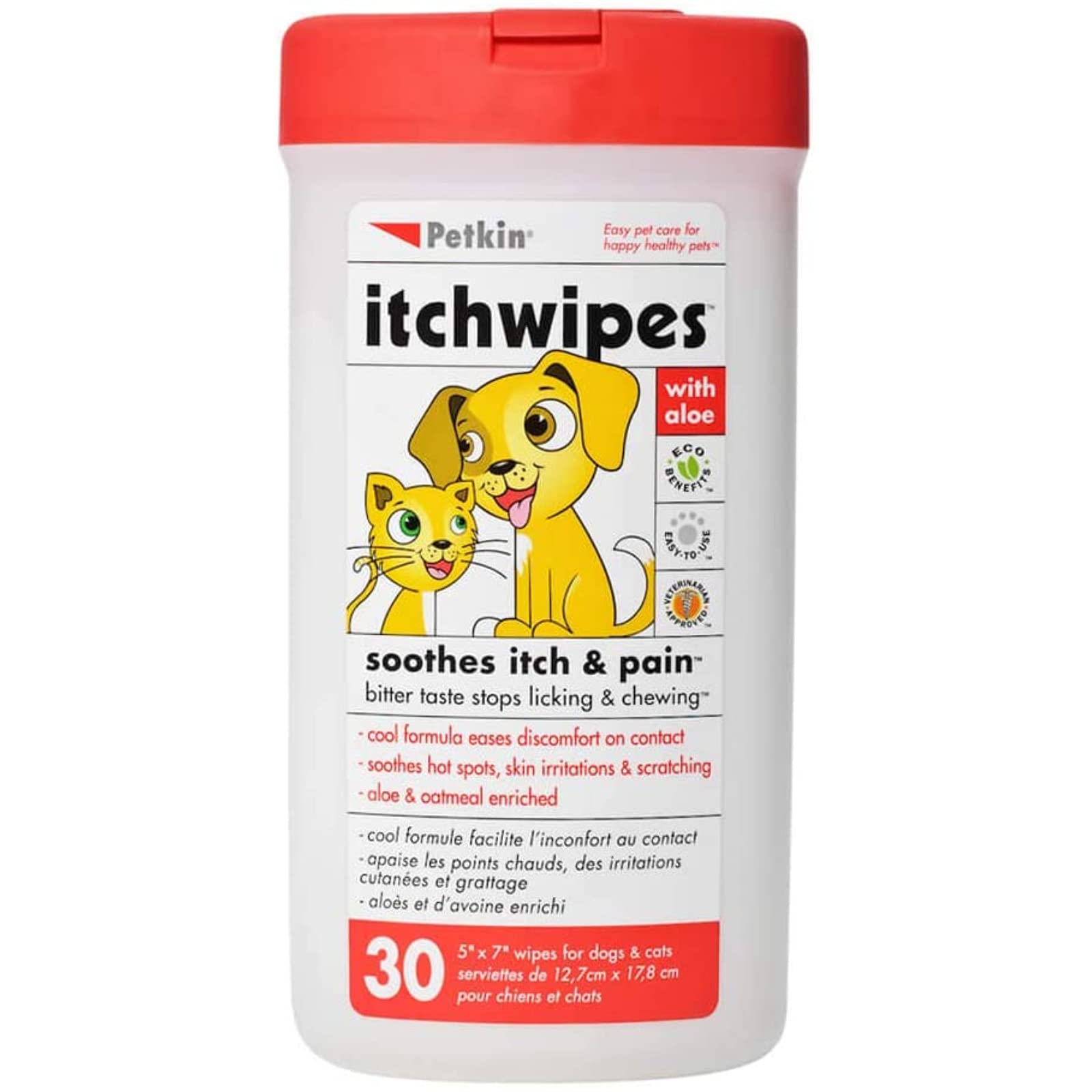 Petkin Itch Wipes for Dogs and Cats, Soothe Itch and Pain, Bitter Taste Stop Licking and Chewing, Super Convenient, Aloe and Oatmeal Enrich, Ideal for Home or Travel 30 Petwipes