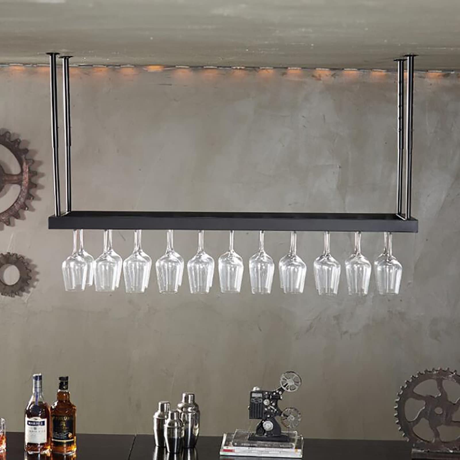 Wine rackVintage Industrial Metal Wine Bottle Rack - Adjustable Height C Hanging Wine Glass Holder - Strong Load-Bearing Storage Rack for Bars/Restaurants