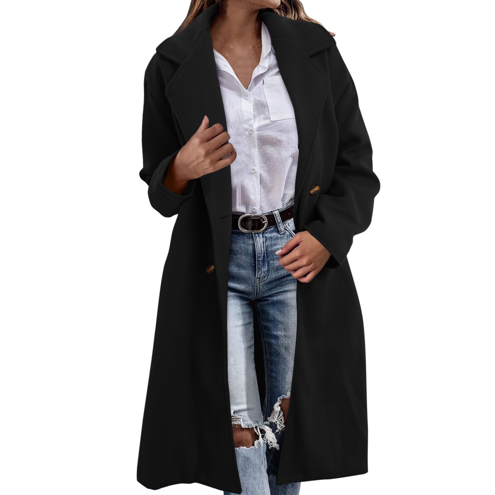 Generisch Wollmantel Damen winter - Mantel Damen Lang Warm Wollmantel Trenchcoat Wolle Schwarzer Wintermantel Damenmantel Elegant Winterjacke Mantel A-Linie Trench Coat Herbstmantel Steppmantel