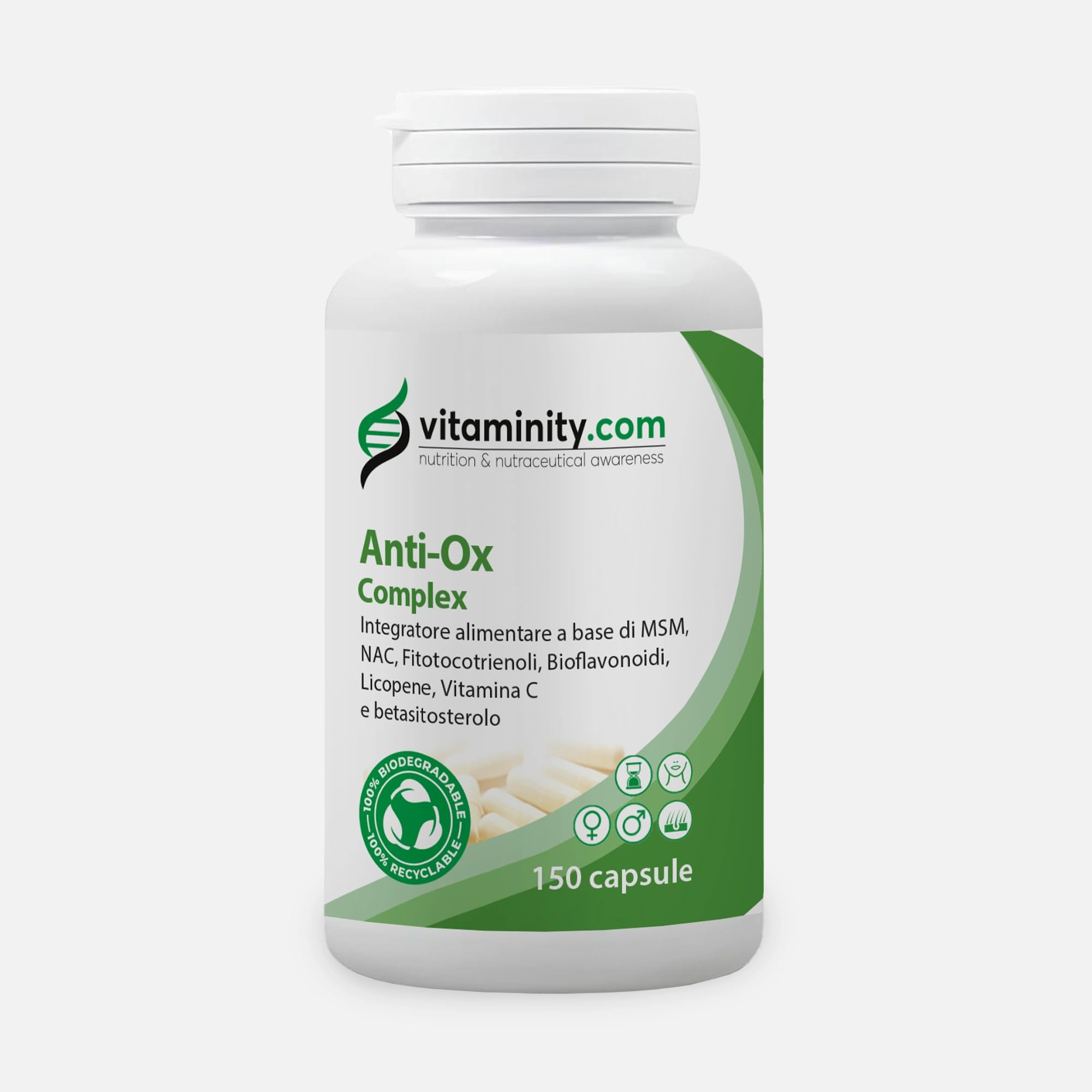 Vitaminity Anti-Ox Complex, Integratore Alimentare ad Azione Antiossidante, Contrasta Stress Ossidativo ed Invecchiamento cellulare - Formato da 150 Capsule