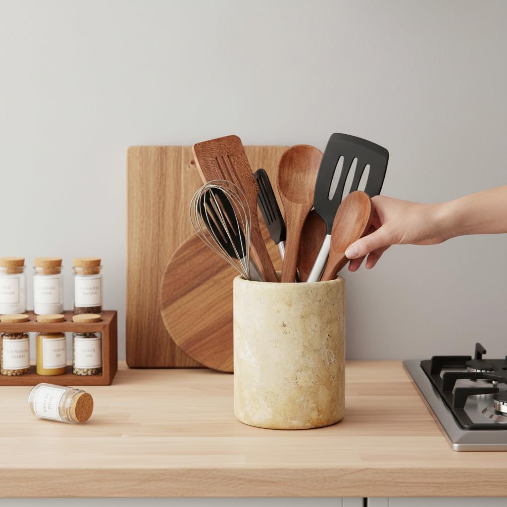 SPESHSTONES Portautensili in marmo, 16,5 cm, in pietra, per utensili da lavoro, contenitore per cucchiai e spatole, organizer, per decorazione della cucina
