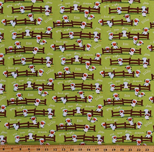 Flannel Counting Sheep Farm Animals Fence Sleep Dreams Harmony Farm Kids Children's Green Cotton Flannel Fabric Print by The Yard (D273.09)