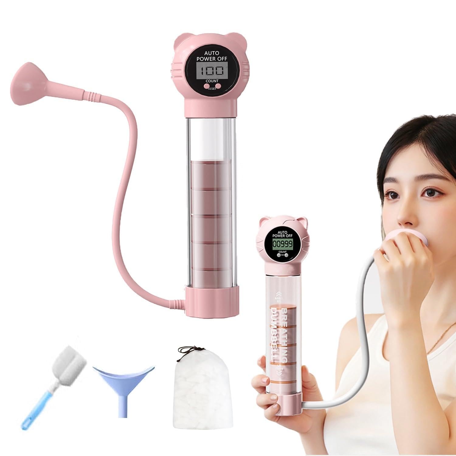 【マウスピースが2つ付属&カウント機能】呼吸ダンベル 腹式呼吸 トレーニング 器具 簡単 呼吸訓練 呼吸筋トレーニング 肺活量を鍛える器具 腹筋トレーナー 肺活量 強化 グッズ 負荷レベル調節可 ボイストレーニング器具 呼吸持久力マシン コア エクササイズ 息を吐く力を鍛える 持ち運びが簡単 (ピンク)