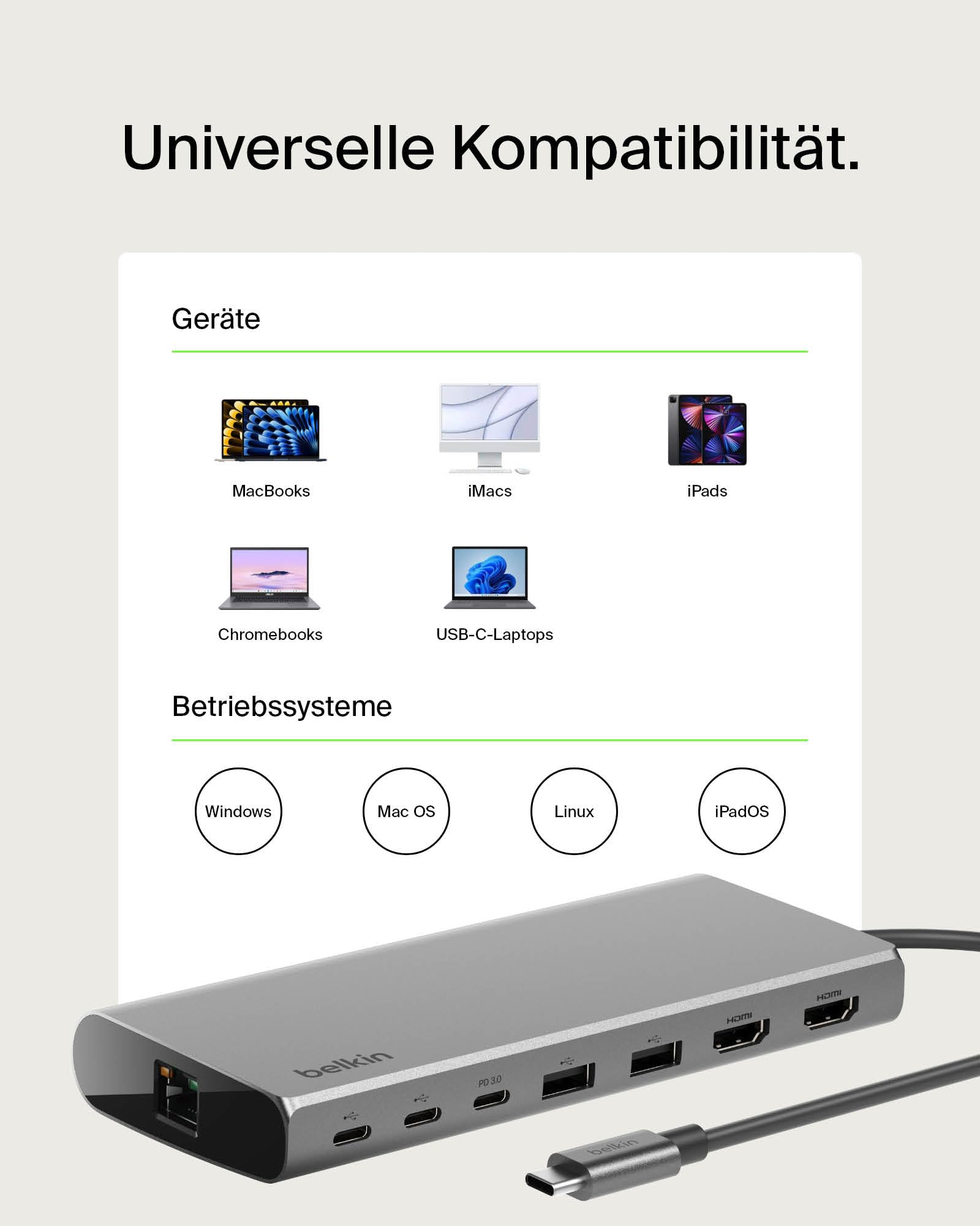 Belkin Connect Universal USB-C-8-in-1-Core-Hub für 2 Monitore, Silicon Motion-Technologie; für Chromebook, Mac- + Windows-Laptops; 100 W PD; Datentransfer mit 10 Gbit/s; 2,5-Gbit/s Ethernet – Silber