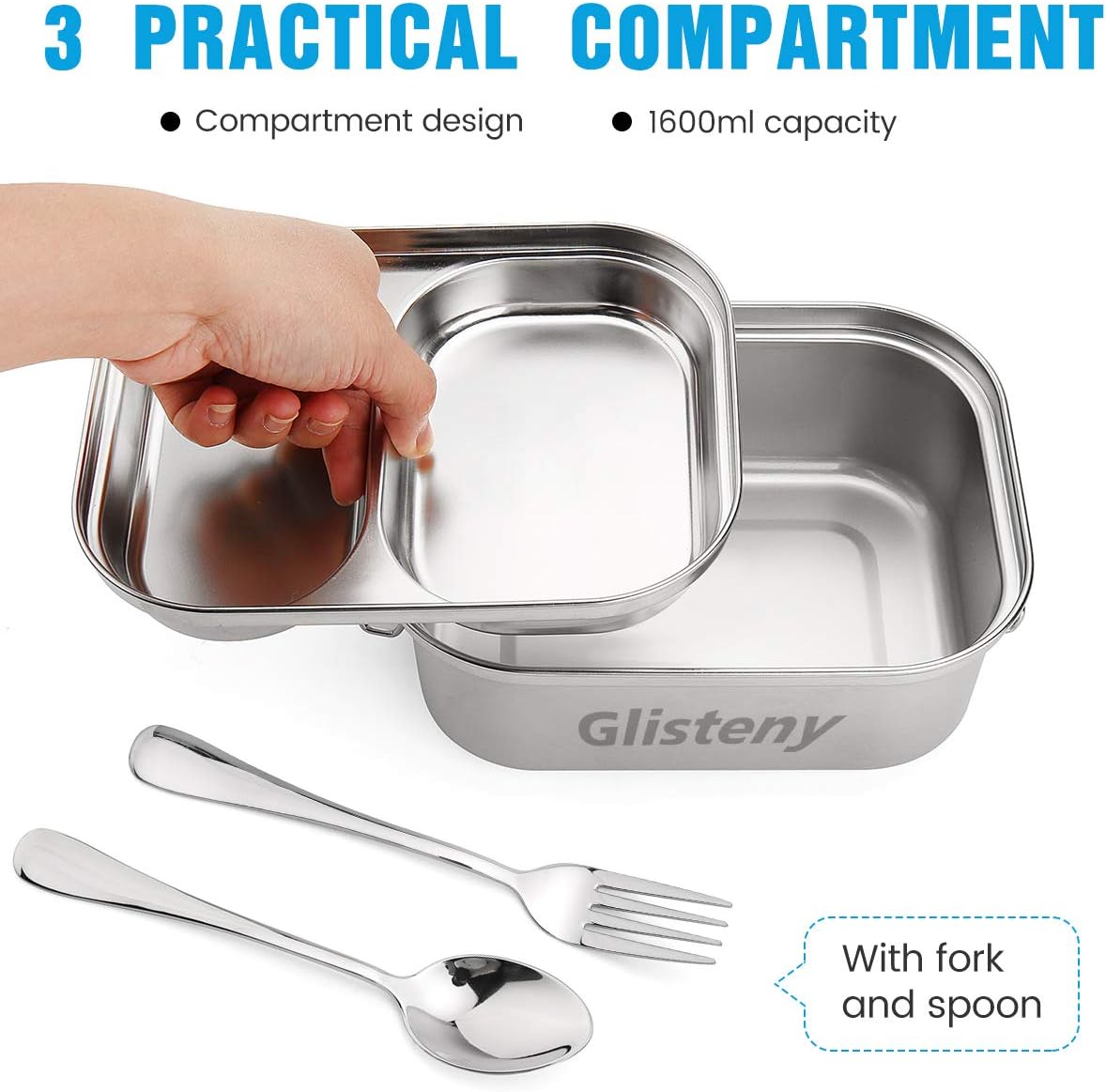 Stainless Steel Bento Box丨GLISTENY Dual Tiers 3 Compartments Leak-Proof Metal Lunch Box Container丨Stainless Lid with Airtight Valve & Handle丨with Spoon & Fork,Storage Bag丨Dishwasher Safe丨54OZ/1600ML
