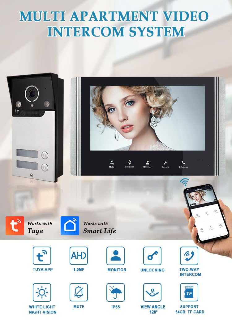 Sistema di videocitofono cablato con display da 7 pollici, visione notturna a infrarossi, sblocco remoto, citofono a due vie per la sicurezza di casa e ufficio