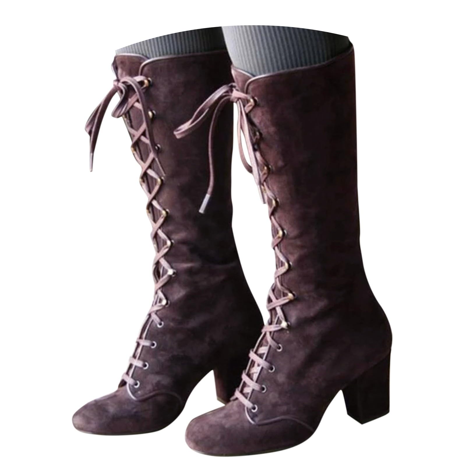 Victorian Boots for Women Medieval Vintage Chunky Block Heel Gothic Booties Fall Winter Suede Lace Up Mid Calf