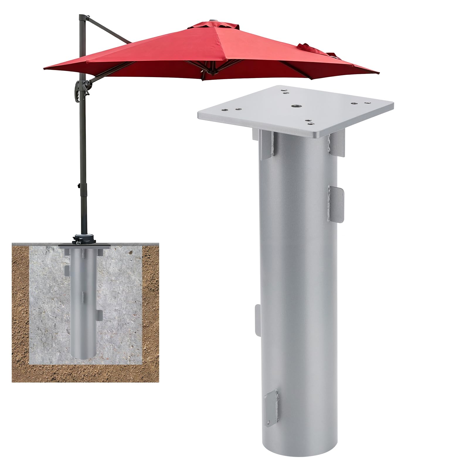 SLIIMU Universal Metall Bodenplatte für Ampelschirme, Sonnenschirmständer für Sonnenschirm, Bodenhülse für Kurbelschirm, Sonnenschirm-Schirm-Ständer, zum Einbetonieren (Silber-2)