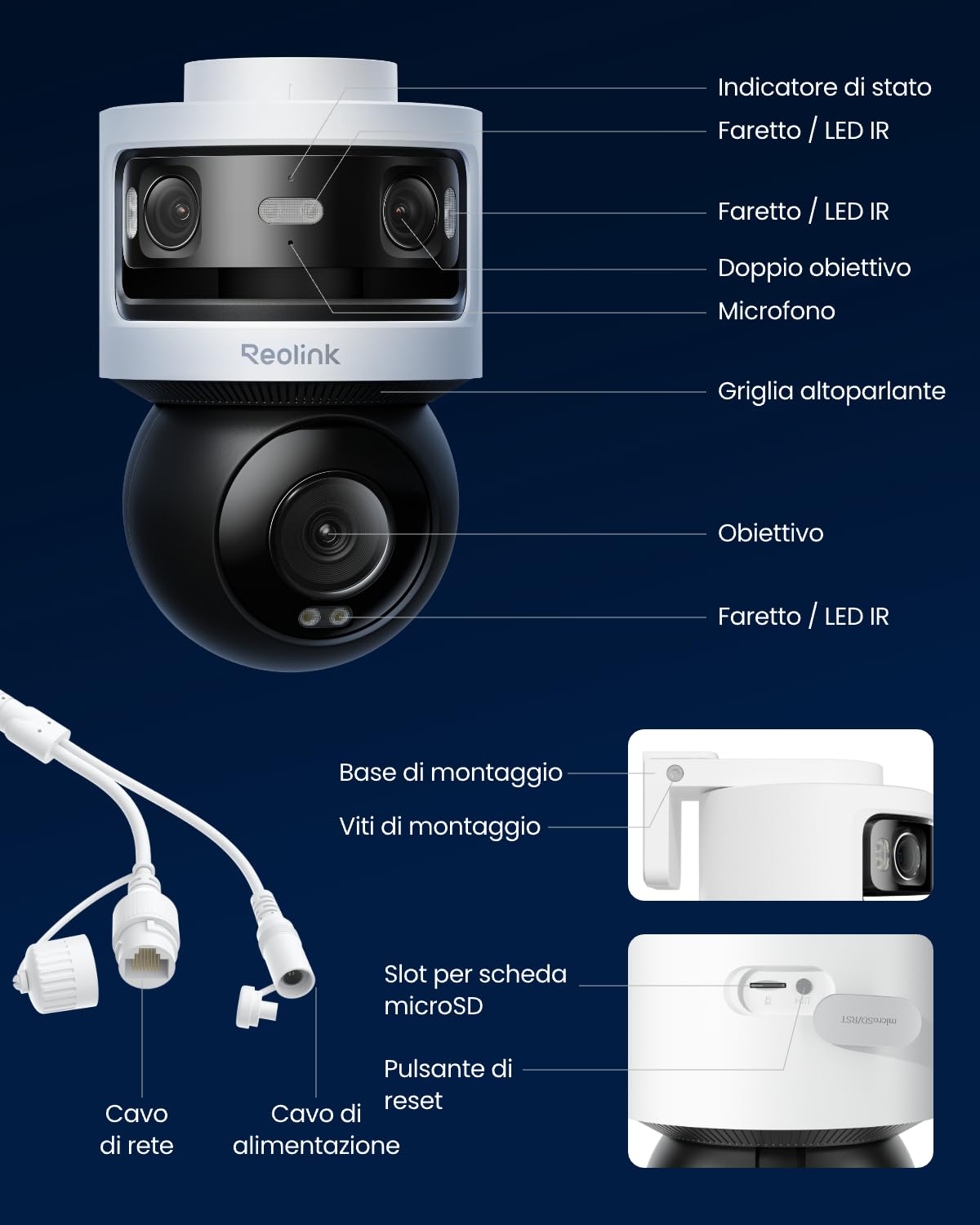 Reolink Telecamera di Sicurezza PoE a Triplo Obiettivo da Esterno, 10MP Panoramico + 8MP PT, SyncTrack, AI Video Search, Visione Notturna a Colori e IR, Registrazione 24/7, OMVI 3i PoE