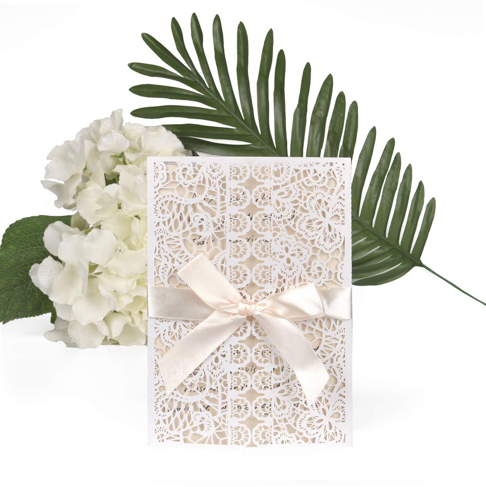 ewtshop® Juego de 20 tarjetas de invitación de boda, elegantes tarjetas de felicitación, sobres y lazo