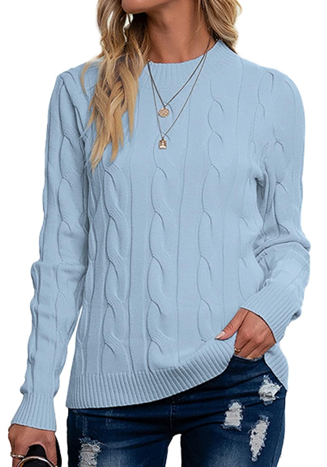 Damen Pullover Rundhals Cable Knit Grobstrick Sweater | Weicher Stretch Zopfmuster Strickpullover für Alltag, Büro, Herbst und Winter