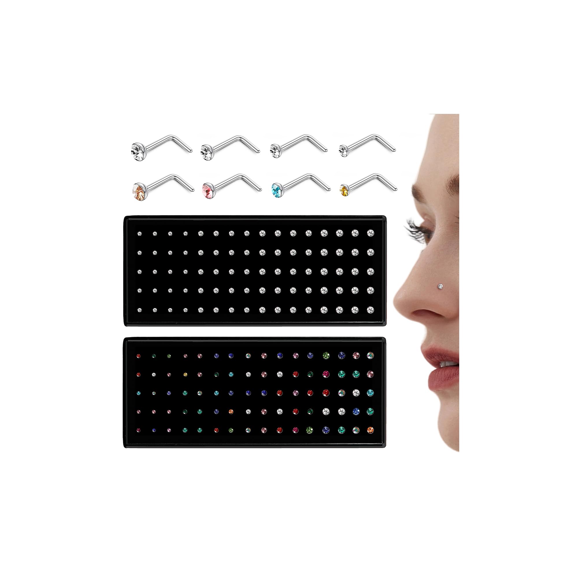 LOLIAS 80-160Pcs Nose Rings Studs for Women Men - Straight or L Shaped Surgical Stainless Steel Small Nose Studs Pin - Hypoallergenic 20G 22G Tiny