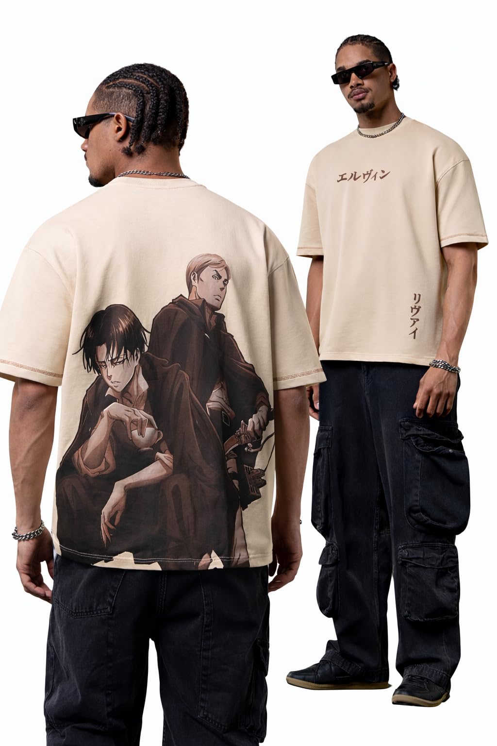Official Attack On Titan: Levi & Erwin Men and Boys Short Sleeves Round Neck Beige Anime Graphic Casual Lightweight Drop Shoulder Streetwear Trendy Cotton Oversized T-Shirt-image-22