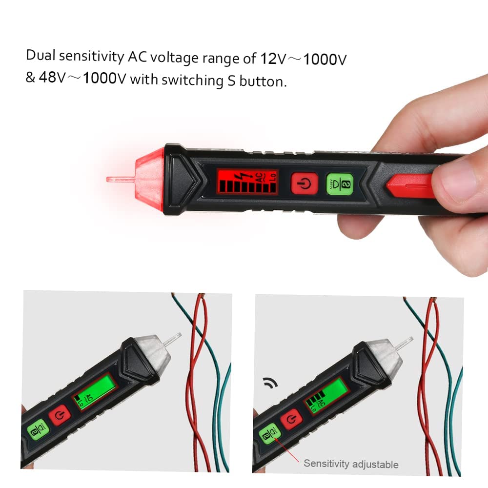 Kaiweets AC bezdotykowy próbnik napięcia/fazy,tester prądu AC 12-1000V/48V-1000V, brzęczyk akustyczny i kontrolka, z wyświetlaczem LCD i latarką