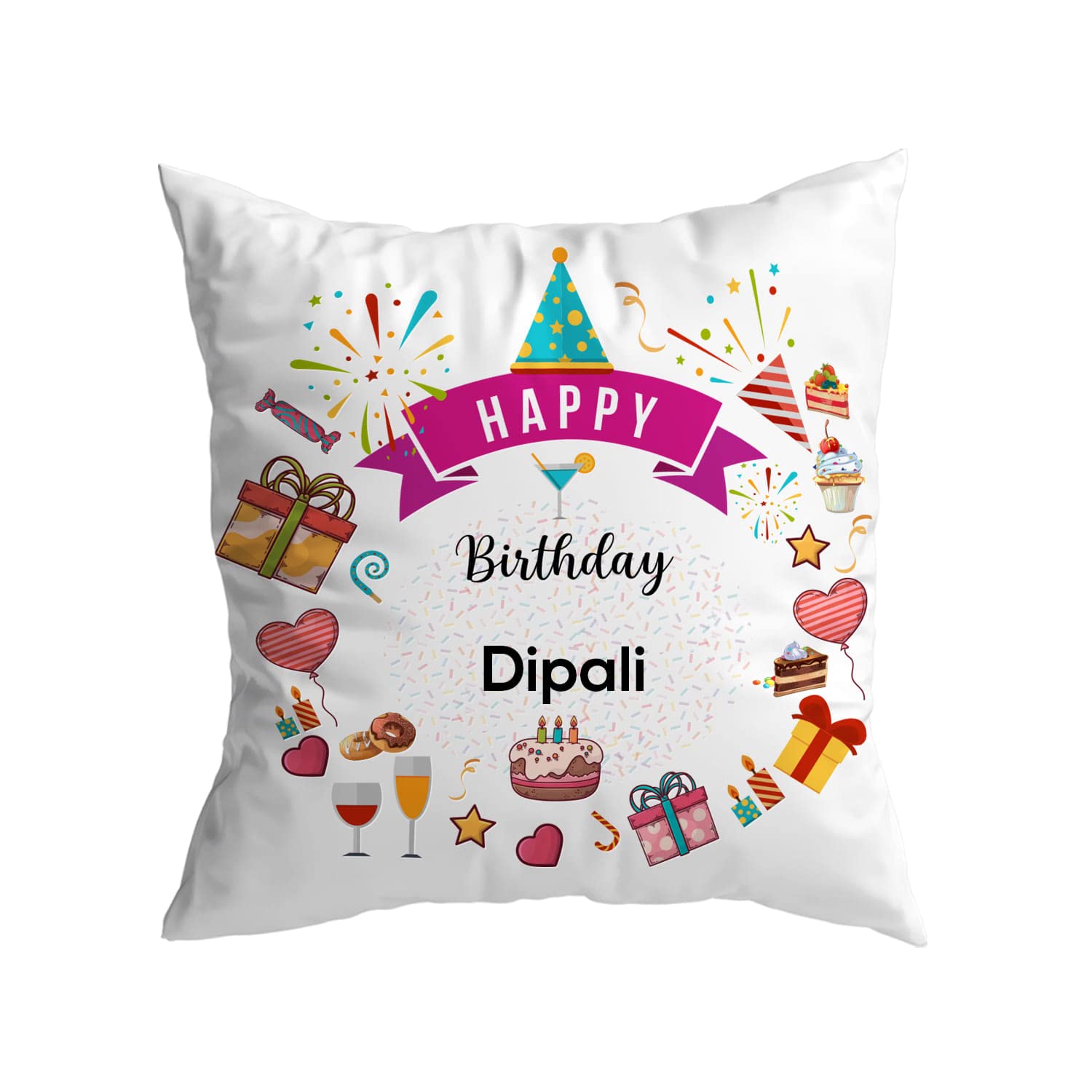 ASHVAH Dipali Name Happy Birthday Cushion/Pillow Cover with Filler - Best Birthday Gift for Daughter, Sister, Wife, Return Gifts for Kids - Size - 12 x 12 inches