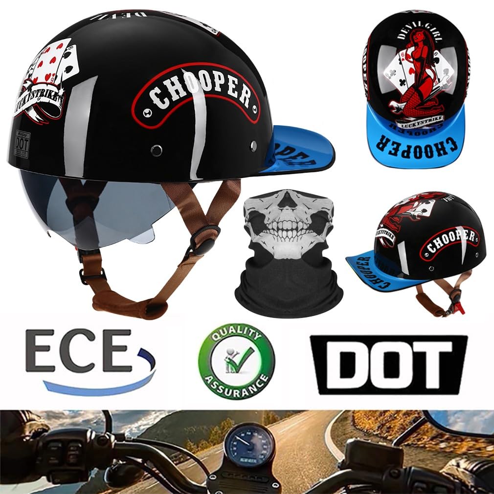 Motocyklowa czapka baseballowa z połową głowy z maską ECE Certyfikowany przez ECE Face Head z kurczliwą brązową soczewką Quick Release dla dorosłych mężczyzn kobiet S ~ 2XL 55-64 cm
