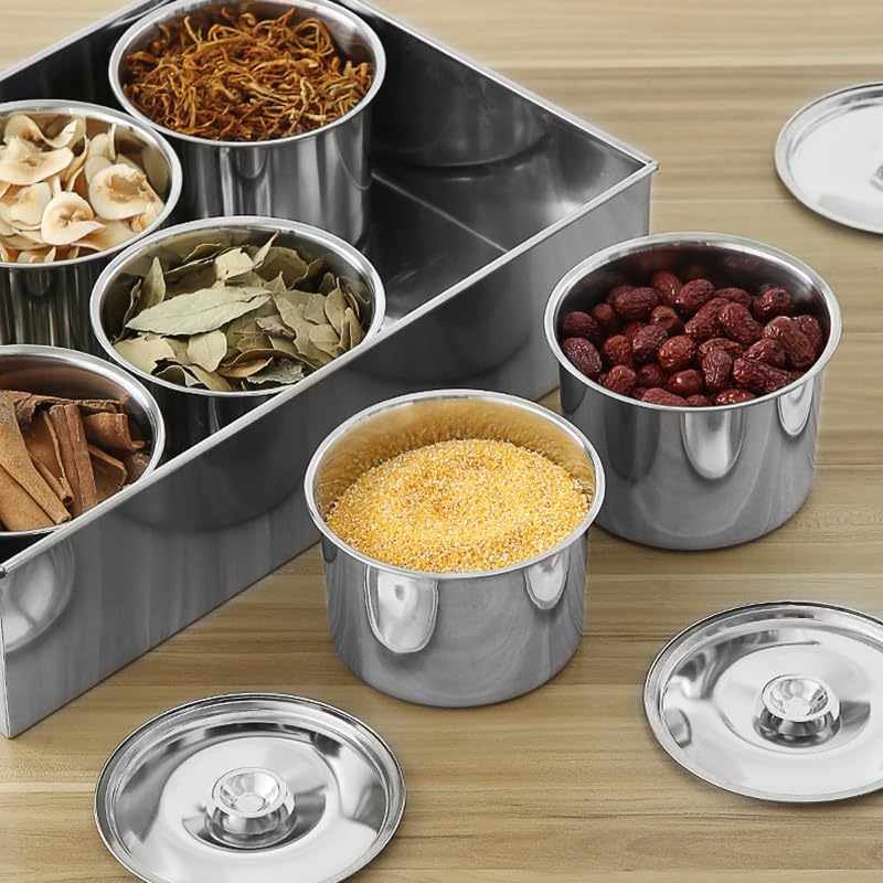 XLIHAWY Pizza Topping Station, Stainless Steel Condiment Containers with Lids Ladles, Compartment Trays for Prepping Ingredients, Pizza Oven Accessories(Silver-A,50.5x35x14cm)