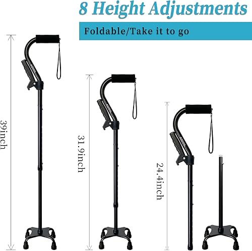 Vista 6 de AOHHL Quad Walking Cane Foldable Adjustable Portable Stick Men & Women and Seniors - Lightweight & Sturdy with 4-Pronged Base for Extra Stability