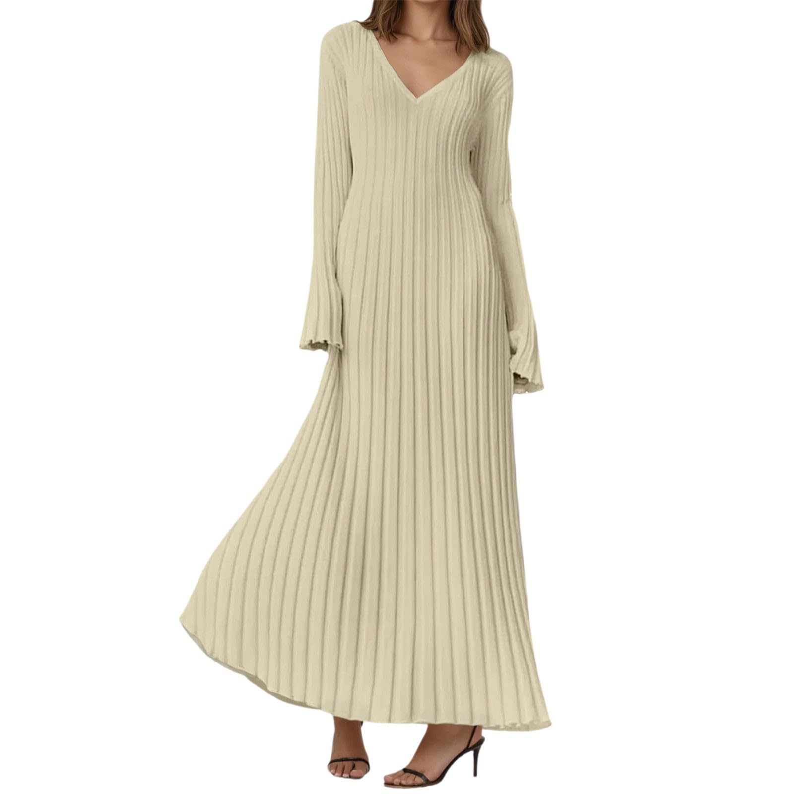 Elegante vestido largo de punto con cuello alto, estructura acanalada, diseño entallado, adelgazante, casual, con ajuste en la cintura