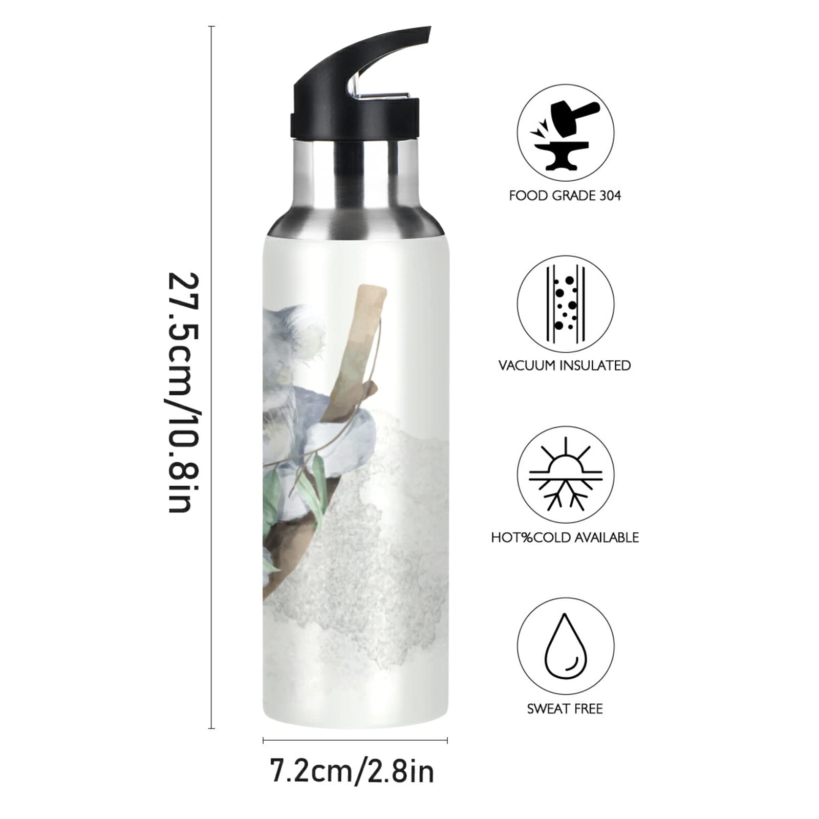 Vnurnrn Borraccia Termica Acciaio Inox 600ml Con Simpatico Koala - Isolata, Senza BPA - Per Bambini E Adulti - 3