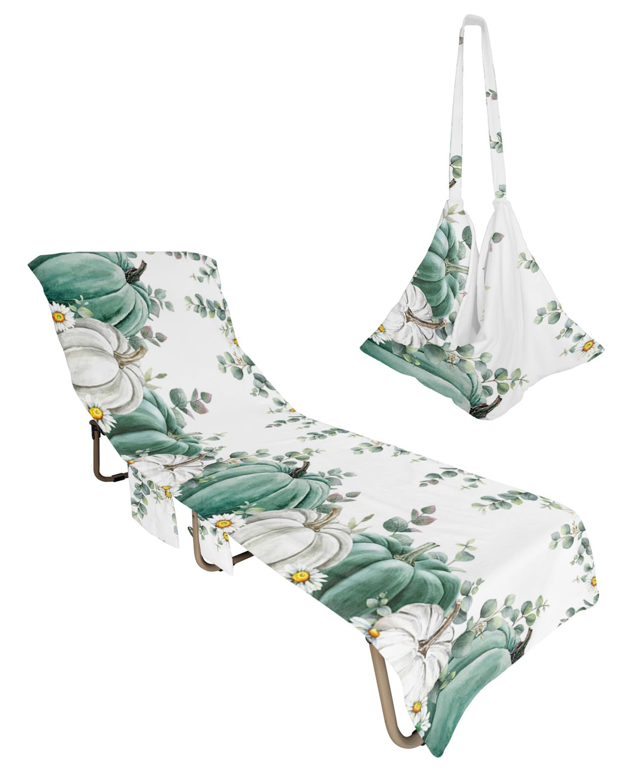 Pumpkins Daisy, Beach Lounge Chair Towel Cover, Soft Chaise Lounge Towel with Side Pockets Patio Pool Chairs Cover for Beach/Pool Sunbathing 29x85 Green White Eucalyptus Leaves Flower Watercolor