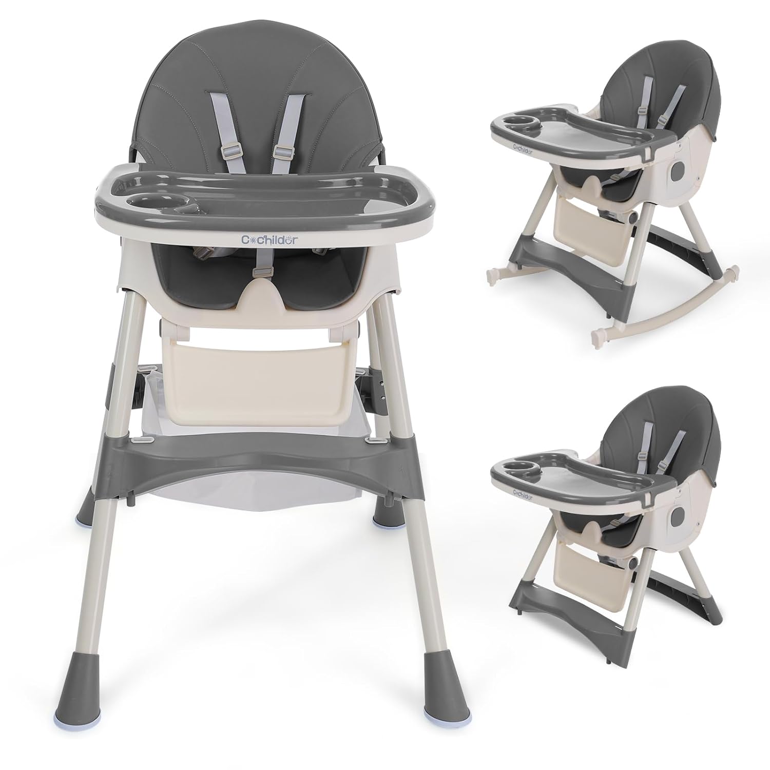 Foldable High Chair for Baby and Toddler, Convertible High Chair with 5 Point Harness, Tray, Foot Rest and Wheels, Grey