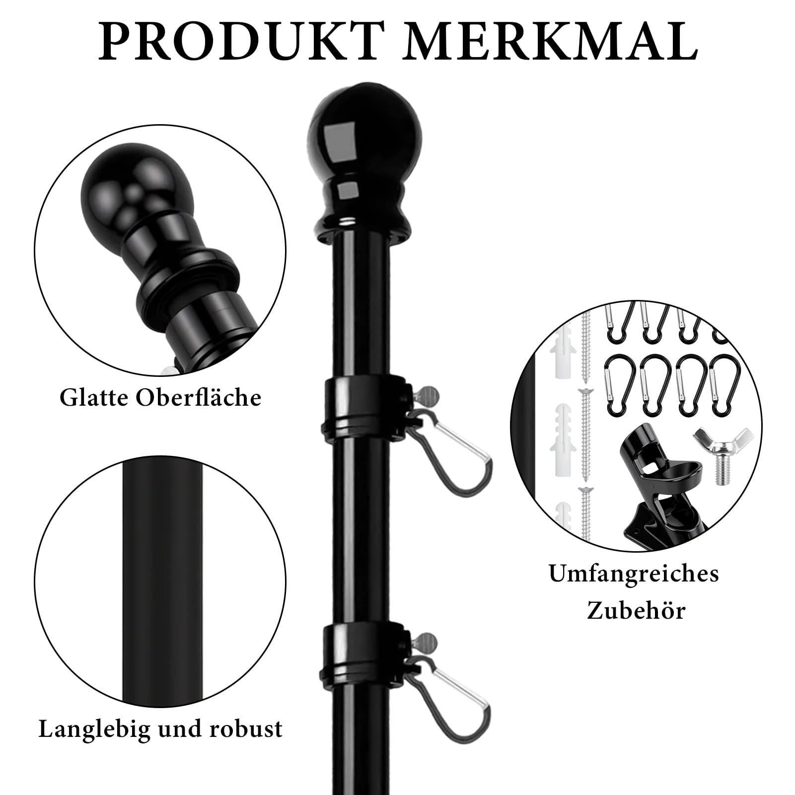 Mât de drapeau stable de 1,5 m - En acier inoxydable - Noir - Avec anneaux pour mât de drapeau, mât de drapeau, mousquetons - Pour jardin, cour, mur, véranda