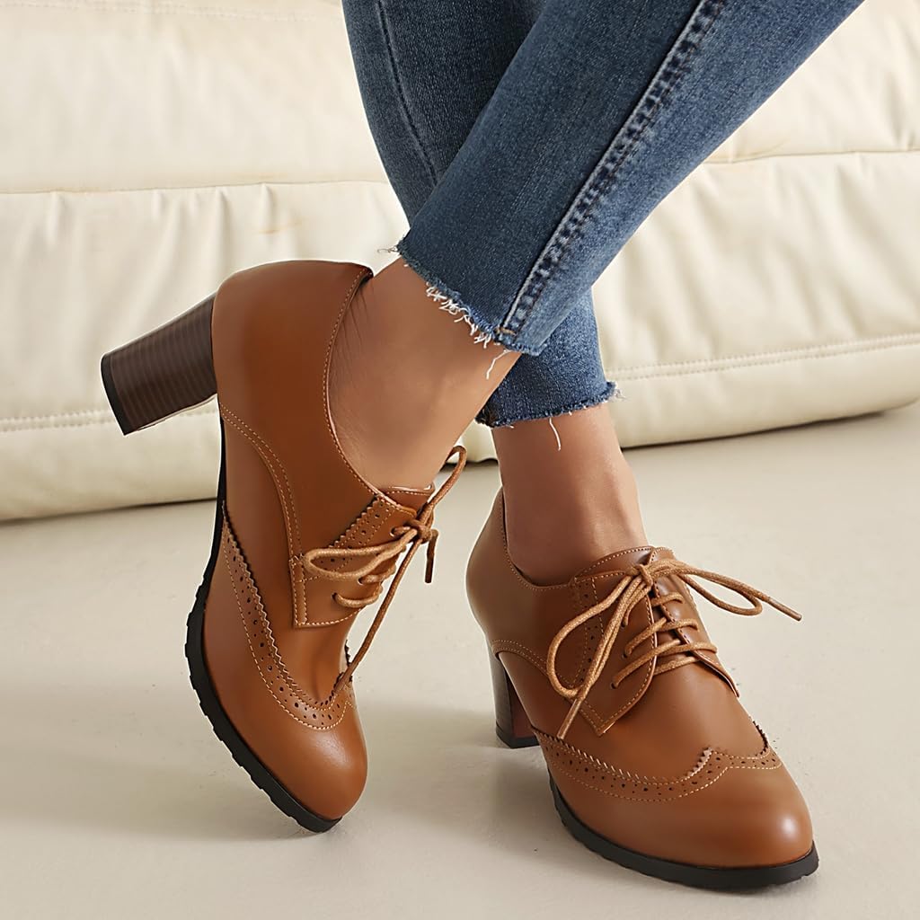 Women's Lace Up Wingtip Oxford Pumps Brogues Perforated Chunky Block High Heel Vintage Dressy Shoes