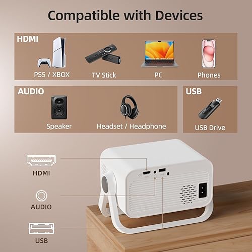 Miniatura 6 de BKZ Mini proyector portátil de enfoque eléctrico Keystone automático de 360° ajustable de 360° con Bluetooth 5.4, soporte de 1080P, compatible con