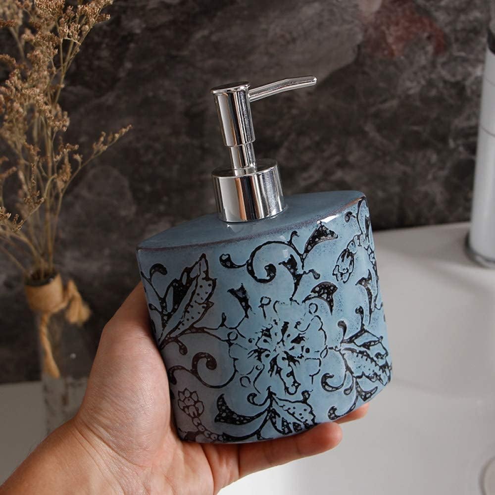 Hand Soap Dispenser Refillable for Hotel Bathroom Dishwashing Soap Dispenser, Blue Retro Flower Carving Ceramics Lotion Bottle Bathroom Refillable Hand Soap Dispenser Wit,