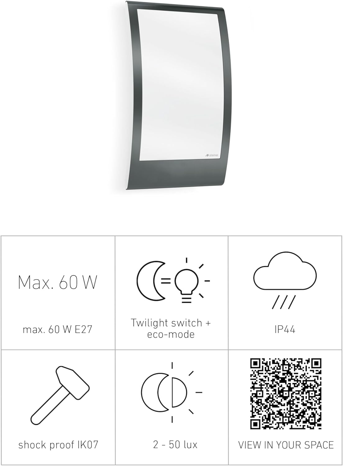 Diagram showing key features: Max 60W, Twilight switch + eco-mode, IP44, IK07, 2-50 lux, and a QR code for augmented reality view.