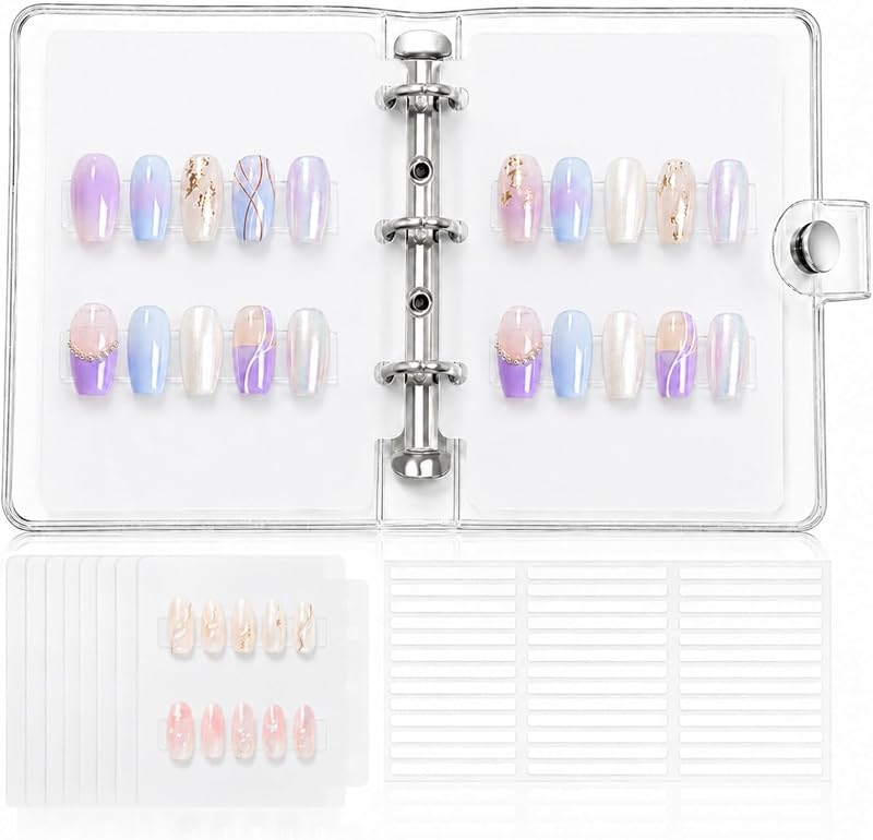 Organizador portátil ZJO para unhas postiças, tamanho A8, com páginas transparentes, 10 placas de exposição e 30 tiras adesivas, prata