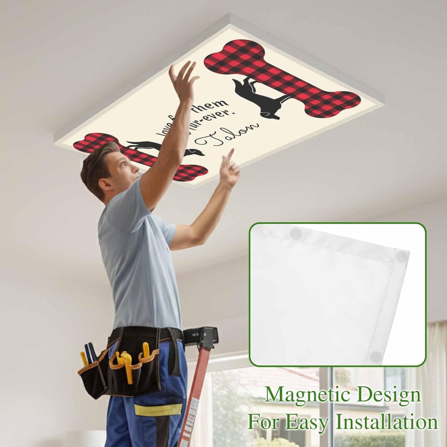 Black Red Buffalo Plaid Fluorescent Light Covers for Ceiling Lights 4x2 feet, 4 Pack Magnetic Light Filters for Classroom, Bones Cute Dogs Pets Fluorescent Lamp Shade Panel for Office School Drop Home