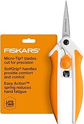 Fiskars Micro-Tip Spring Assisted Scissors, Precision Cutting Stainless Steel Blades, Comfort Handle, Cut Details in Fabric, Sewing Scissors and Arts and Crafts Tools
