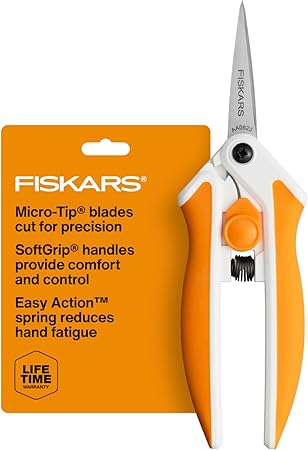 Fiskars Micro-Tip Spring Assisted Scissors, Precision Cutting Stainless Steel Blades, Comfort Handle, Cut Details in Fabric, Sewing Scissors and Arts and Crafts Tools