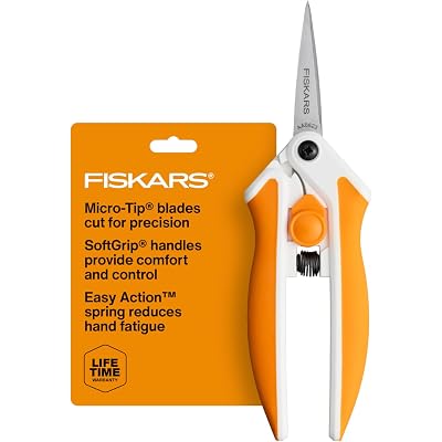 Fiskars Micro-Tip Spring Assisted Scissors, Precision Cutting Stainless Steel Blades, Comfort Handle, Cut Details in Fabric, Sewing Scissors and Arts and Crafts Tools