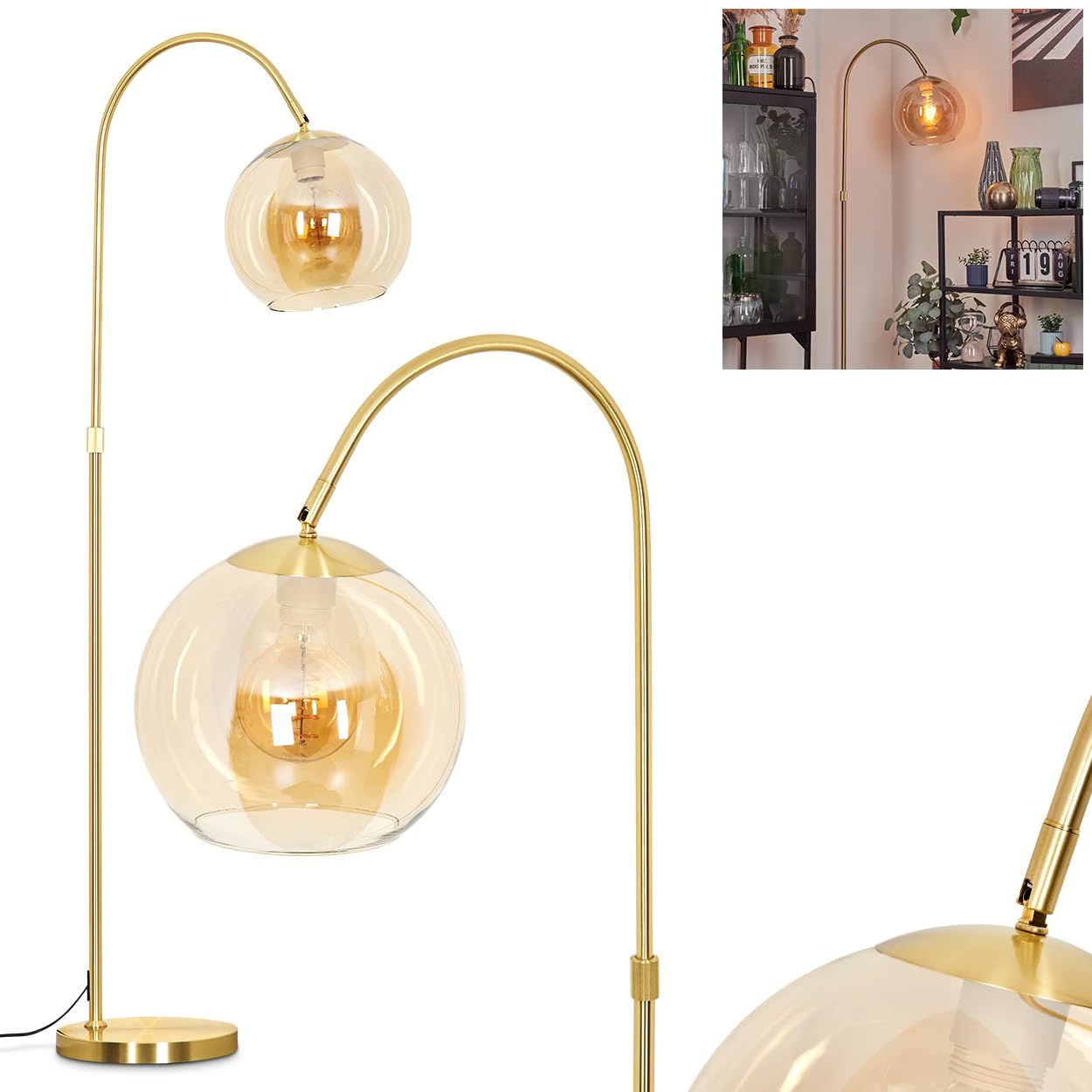 Hofstein Brass Koyoto Floor Lamp, Metal/Glass Floor Lamp In /Amber, Retro/Vintage/Industrial Design With Glass Shade (Ø 25 Cm) And Foot Switch, Height 140 Cm, 1 X E27, Without Bulb