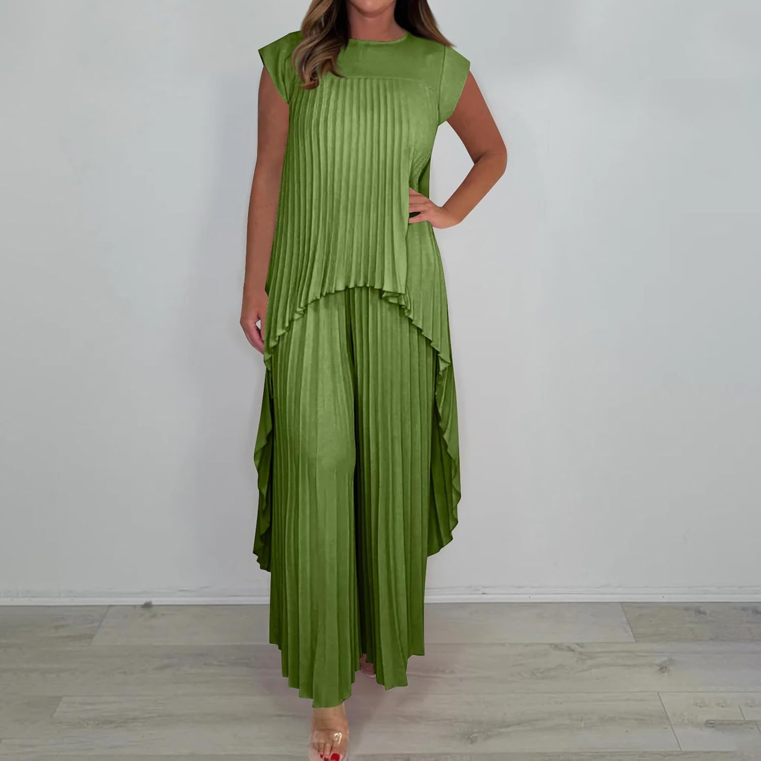 2 Piece Outfits for Women Short Sleeve Crew Neck Pleated Hi-Low Hem Top Wide Leg Palazzo Pants Casual Matching Set