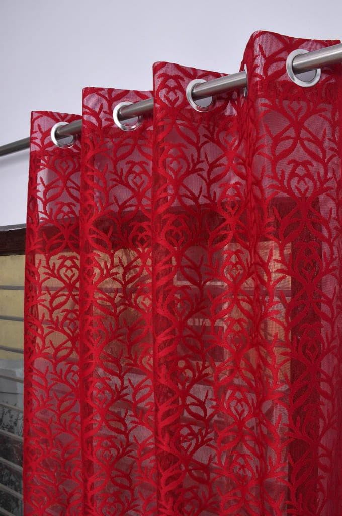Tissue Net Curtain Set of 2 | 4x7 Feet | Sheer Floral Door Drapes | Lightweight Elegant Home Decor Curtains | Eyelet Grommet Design Easy Hanging | Stylish Airy Sheer Curtains (Red)-picture-42