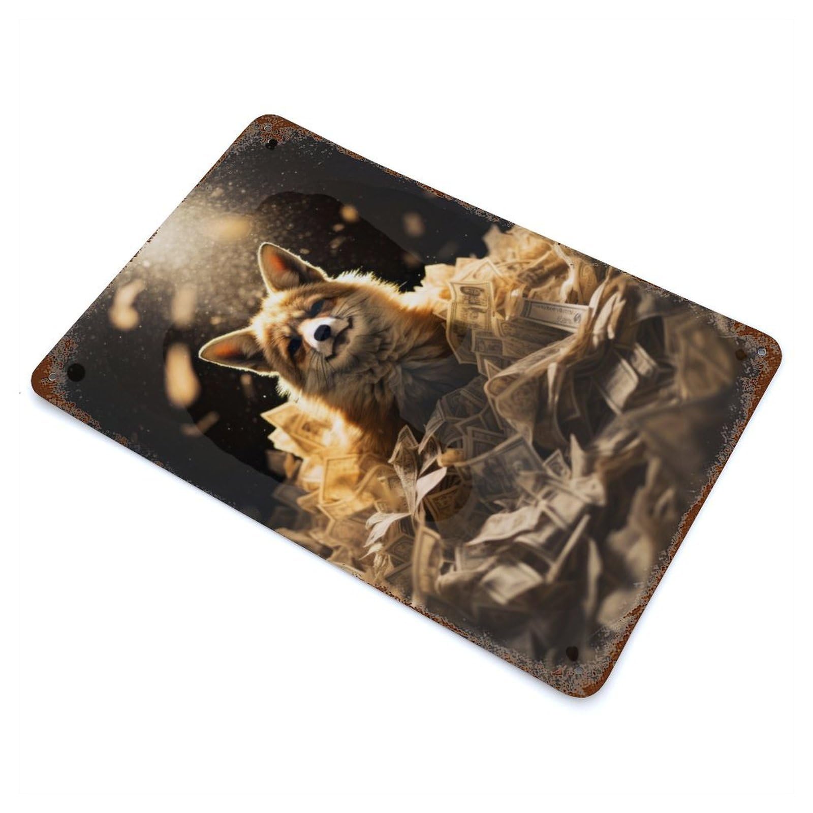 Dollar Bills Red Fox Luxe Rusty Metal Tin Sign 11.8"x7.9", Ideal for Patio, Garden Room And Bar Decor