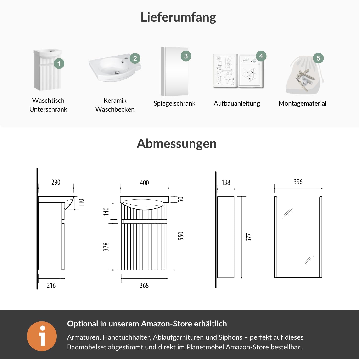 Planetmöbel Waschbecken mit Unterschrank 40 cm inkl. Keramikwaschbecken und Spiegelschrank, Gäste WC Badmöbel Set, weiß matt