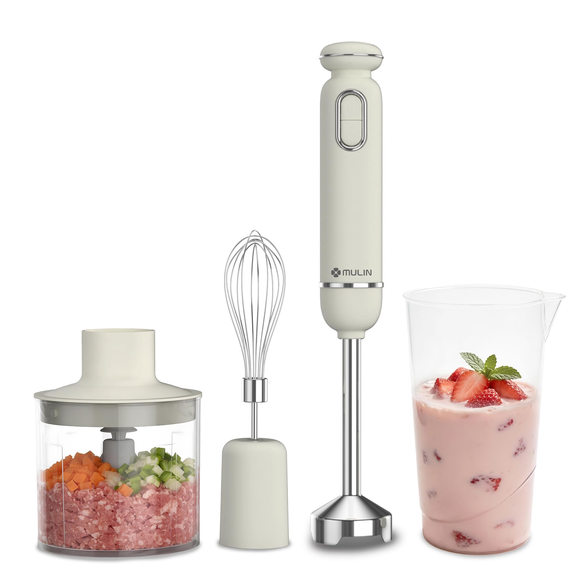 MULIN Frullatore a Immersione 4 in 1, 600W con Velocità Regolabile e Protezione Anti-Schizzo, Include Frusta, Bicchiere e Tritatutto, Ideale per Zuppe, Salse e Frullati in Cucina