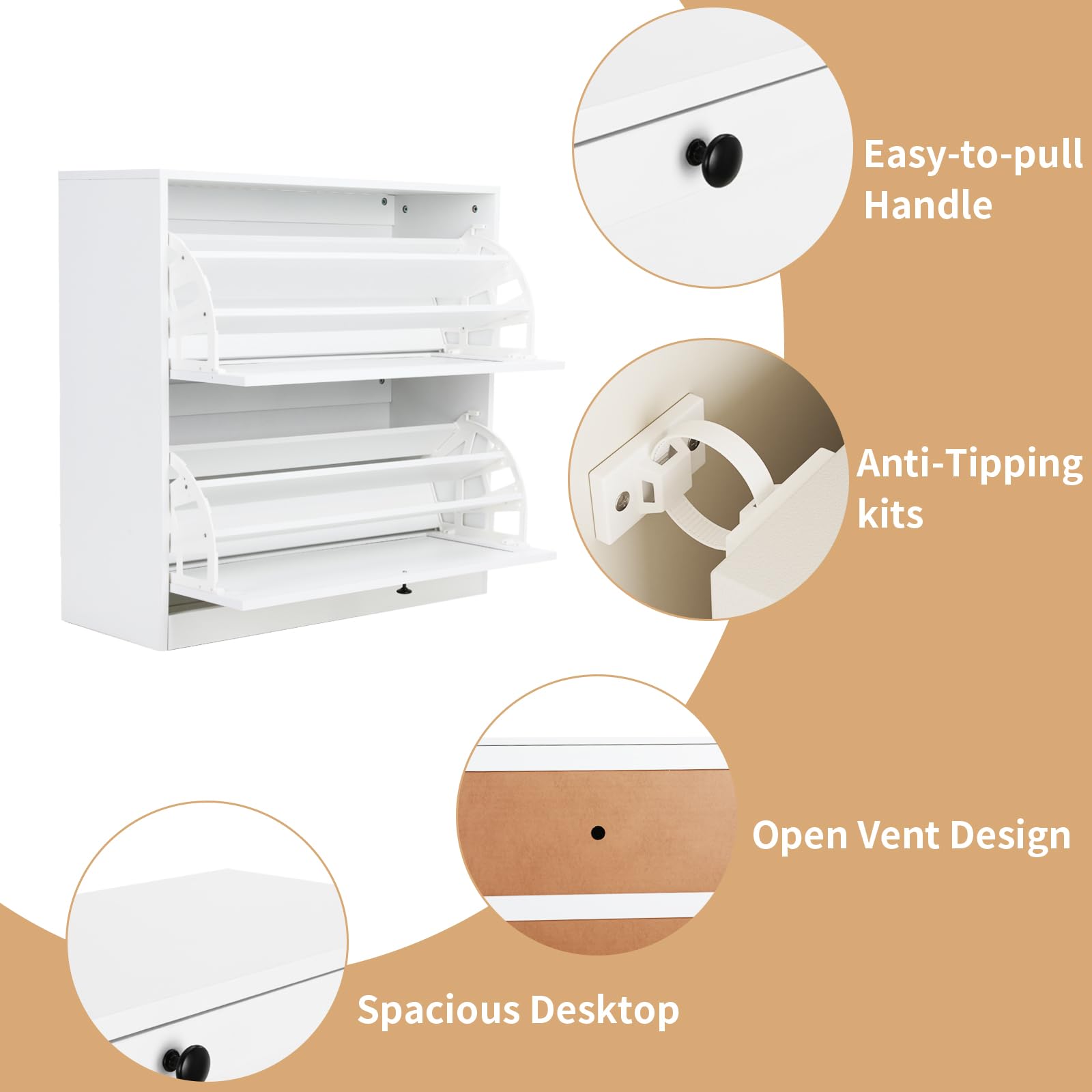 VOWNER Zapatero 2 Puertas, Zapatero Estrecho 30cm Fondo, Zapatero Entrada Recibidor, Mueble Auxiliar Pasillo, Zapatero Madera, para Entrada y Recibidor (Blanco)