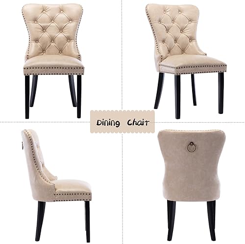 Miniatura 6 de Silla de comedor tapizada de piel sintética, cómoda silla copetuda, juego de 2 sillas modernas sin brazos con botón, ribete de cabeza de clavo,