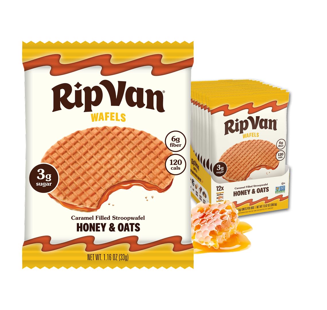 Rip Van Wafels Honey and Oats Stroopwafels, Healthy Snacks, Non-GMO, Keto Friendly, Office Snacks, Low Sugar (3g), Low Calorie, 12 Pack