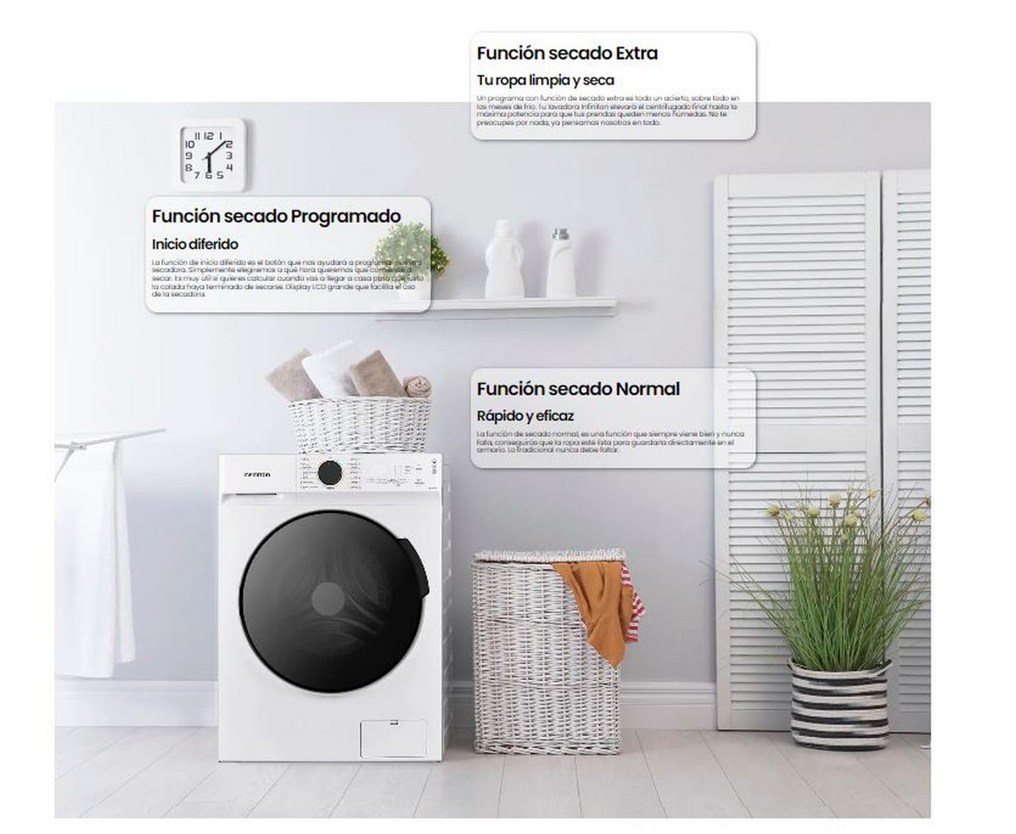 INFINITON Lavaseca WSD-G8A6D4BN, Capacidad 8Kg/6Kg, 1400 rpm, Regulación en altura, panel de mandos electrónico, INVERTER, 15 Programas, A/D, Blanco