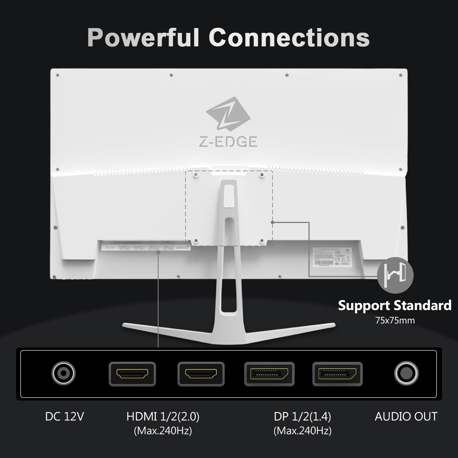 Z-Edge Biały ekran do komputera gamingowego 24'' 240 Hz, IPS, 1ms, FreeSync, FHD, Biały monitor Gaming 16:9, Regulowane pochylenie, 2× HDMI2.0 & 2× DP1.4, 350cd/m², HDR10, VESA (Łącze DP dołączone)